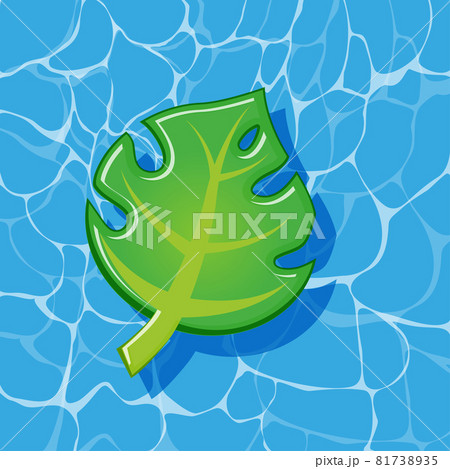 Pool infantable green palm tree leaf mattress place on water texture.  81738935