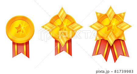 Gold medal award vector illustration, game trophy prize icon set, red ribbon, star isolated on white Gold medal award vector illustration, game trophy prize icon set, red ribbon, star isolated on white 81739983