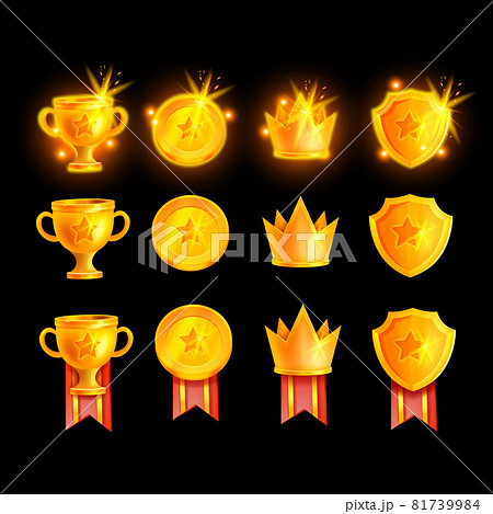 Winner trophy cup vector set, champion RPG prize kit, golden game badge award collection, red ribbon 81739984