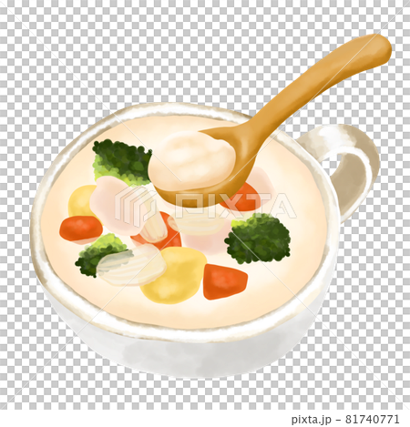Watercolor illustration cream stew (white stew) and wooden spoon 81740771