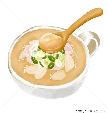 水彩イラスト　鶏白湯スープ(パイタン)と木のスプーン 81740835
