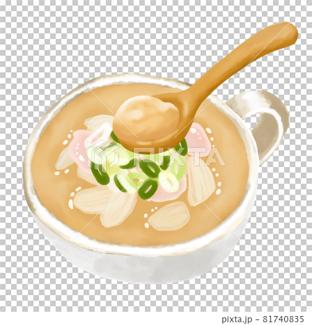 水彩イラスト　鶏白湯スープ(パイタン)と木のスプーン 81740835