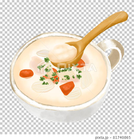 Watercolor illustration: Chicken cream soup (clam chowder) and wooden spoon 81740865