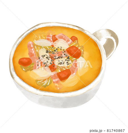 水彩イラスト　野菜スープ(コンソメスープ)と木のスプーン 81740867