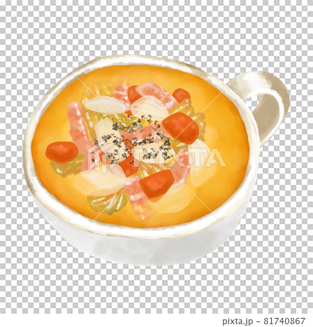 水彩イラスト　野菜スープ(コンソメスープ)と木のスプーン 81740867