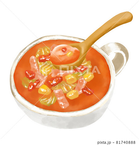 水彩イラスト ミネストローネ 野菜スープ と木のスプーンのイラスト素材