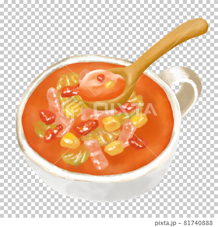 水彩イラスト　ミネストローネ(野菜スープ)と木のスプーン 81740888