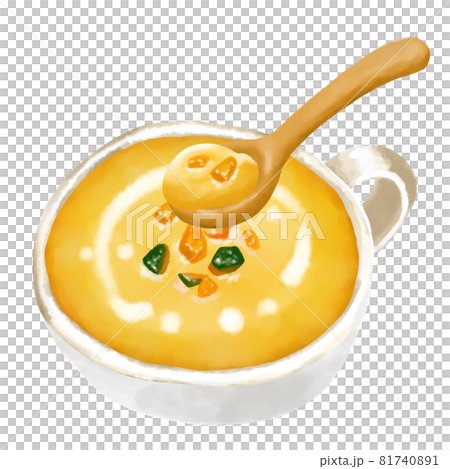 水彩イラスト かぼちゃスープ(南瓜のポタージュ)と木のスプーン 水彩イラスト かぼちゃスープ(南瓜のポタージュ)と木のスプーン 81740891