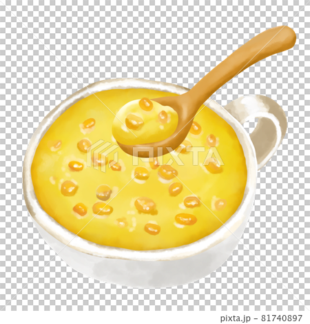 水彩插圖玉米湯配穀物（玉米濃湯）和木勺 81740897