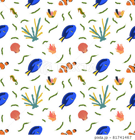 Sea Animal Seamless Pattern With Clownfish And のイラスト素材