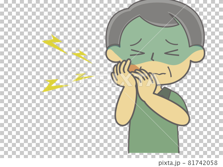 イラスト素材 歯の痛みを訴えて青ざめている 年配の男性の手描きイラストのイラスト素材