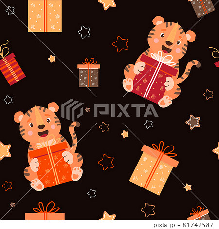 Seamless pattern with tigers. A cute striped animal sits with a big gift on a black background with stars and boxes of gifts. Vector illustration for textile and wallpaper, print and New Years design Seamless pattern with tigers. A cute striped animal sits with a big gift on a black background with stars and boxes of gifts. Vector illustration for textile and wallpaper, print and New Years design 81742587