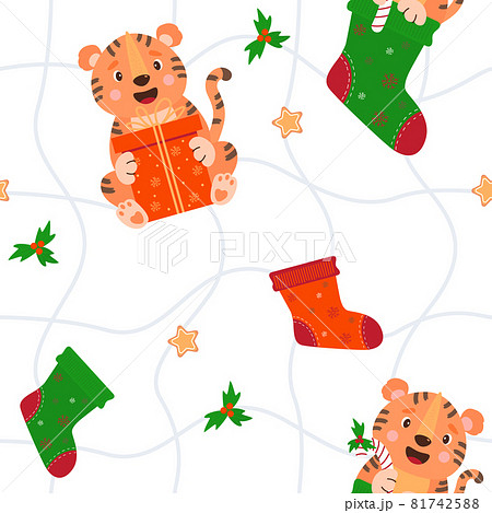 Seamless pattern with tiger and New Years decor. Cute animal with a big gift on a white background with mesh pattern, with Christmas socks, mistletoe and gingerbread. Vector illustration 81742588