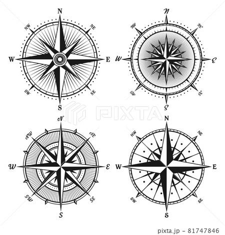 Vintage marine wind rose, nautical chart. Monochrome navigational compass with cardinal directions Vintage marine wind rose, nautical chart. Monochrome navigational compass with cardinal directions 81747846