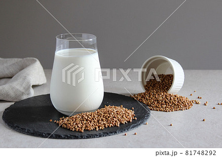 Vegan milk from buckwheat on the table. Vegan or vegetarian milk. Vegetables milk.  81748292