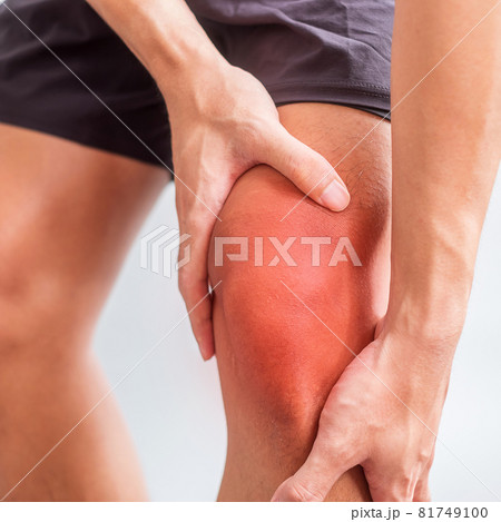 man with muscle pain on grey background. Elderly have knee ache due to Runners Knee or Patellofemoral Pain Syndrome, osteoarthritis, arthritis, rheumatism and Patellar Tendinitis. medical concept 81749100