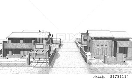 家 住宅街 シンプル スケッチ風 白黒 モノクロ 3dcgイメージ のイラスト素材