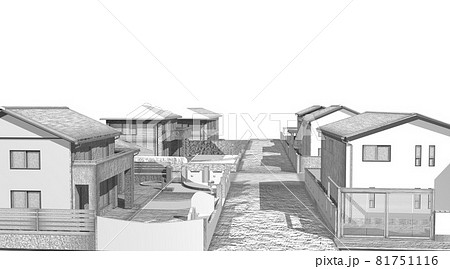 家 住宅街 シンプル スケッチ風 白黒 モノクロ 3dcgイメージ のイラスト素材