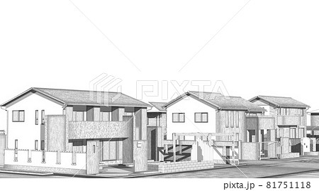 家 住宅街 シンプル スケッチ風 白黒 モノクロ 3dcgイメージ のイラスト素材