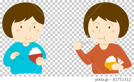お茶碗を持って白米を食べる女性のベクターイラストのイラスト素材