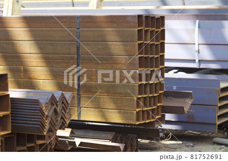 Metal profile pipe of rectangular cross section in packs at the warehouse of metal products Metal profile pipe of rectangular cross section in packs at the warehouse of metal products 81752691
