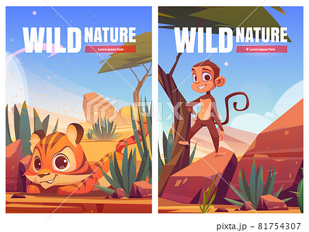 Wild nature cartoon poster. Funny monkey and tiger 81754307