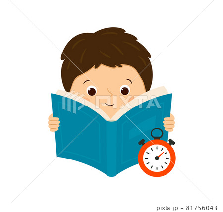 Speed reading. A boy reads a book and measures the speed of reading. Vector illustration isolated on white background 81756043