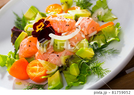 Ceviche of trout with avocado, cumquat, greens Ceviche of trout with avocado, cumquat, greens 81759052