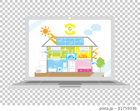 パソコンの画面に映るエコ住宅のイメージイラスト 81759336