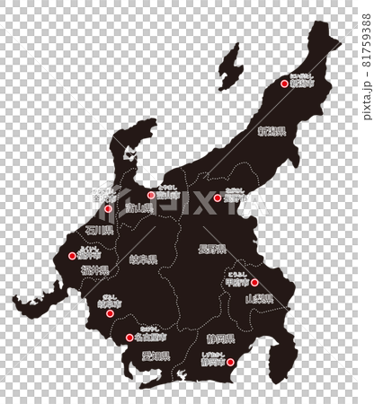 日本地區劃分_中部_都道府縣名稱/都道府縣首府（注音假名）_bk 81759388