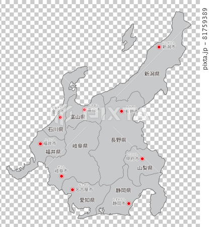 日本地方区分 中部 県名 県庁所在地ふりがな入り Gryのイラスト素材