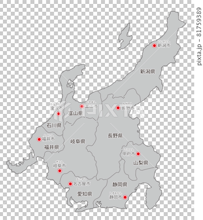 日本地方区分 中部 県名 県庁所在地ふりがな入り Gryのイラスト素材