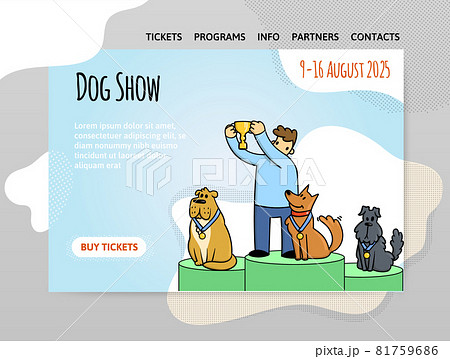 Design template for dog show, exhibition or dog training courses. Dogs with the owner on the podium. Vector illustration for website header, banner or poster. 81759686