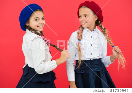 Best friends. Little girls with braids ready for school. Best friends. Little girls with braids ready for school. 81759942