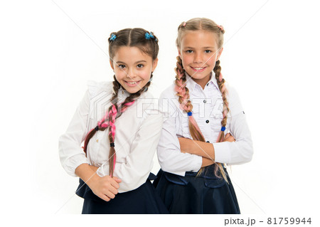 Sisters little girls with braids ready for school. School Sisters little girls with braids ready for school. School 81759944