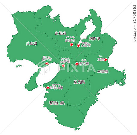 日本地方区分 近畿 県名 県庁所在地ふりがな入り Grのイラスト素材