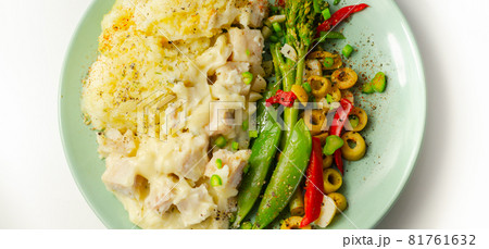 Tender pieces of smoked haddock and pollock in a creamy cheese sauce sat beneath buttery mash served with vegetables Tender pieces of smoked haddock and pollock in a creamy cheese sauce sat beneath buttery mash served with vegetables 81761632