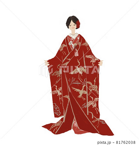 色打掛、打ち掛け姿の女性（花嫁）、日本髪、着物、和装、結婚、ウエディング、洋髪、背景白 81762038