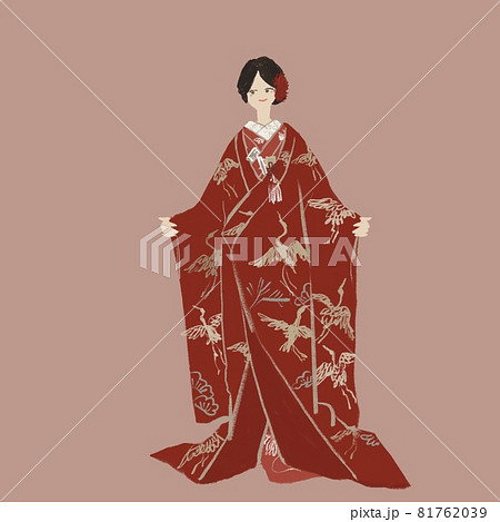 色打掛、打ち掛け姿の女性（花嫁）、日本髪、着物、和装、結婚、ウエディング、洋髪、背景桃 81762039