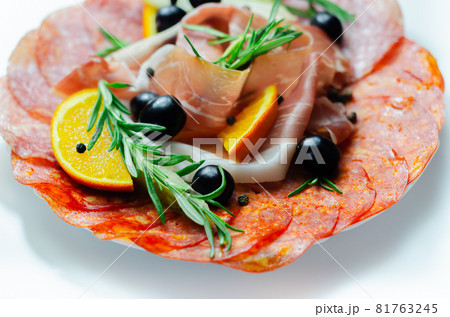 Continental cured pork cold cuts, prosciutto, milano style salami and spanish chorizo Continental cured pork cold cuts, prosciutto, milano style salami and spanish chorizo 81763245