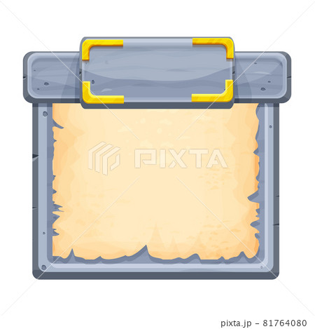 Frame with stone and parchment in cartoon style isolated on white background. Ancient empty decoration. Ui game asset, menu design. Medieval signboard, blank. Frame with stone and parchment in cartoon style isolated on white background. Ancient empty decoration. Ui game asset, menu design. Medieval signboard, blank. 81764080