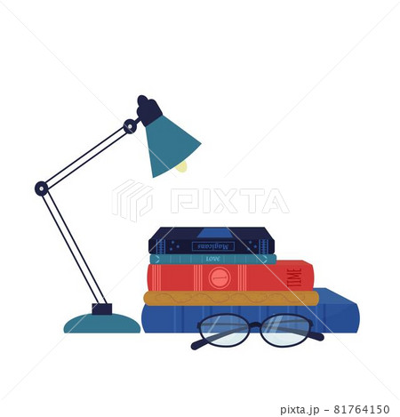 Composition stack of books, table lamp, reading glasses. Stylish, colorful. Hobby, education concept isolated on white background. Composition stack of books, table lamp, reading glasses. Stylish, colorful. Hobby, education concept isolated on white background. 81764150
