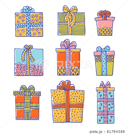 Set of doodle gift boxes isolated on white Set of doodle gift boxes isolated on white 81764389