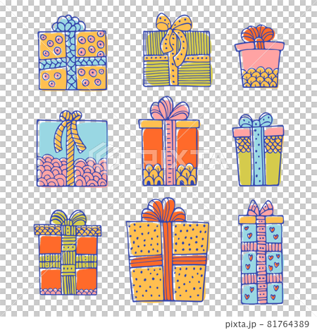 Set of doodle gift boxes isolated on white Set of doodle gift boxes isolated on white 81764389
