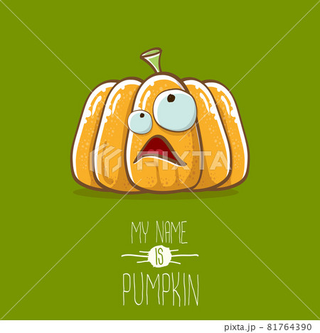 vector funny cartoon cute orange smiling pumkin isolated on green background. My name is pumkin vector concept illustration. vegetable funky halloween or thanksgiving day character vector funny cartoon cute orange smiling pumkin isolated on green background. My name is pumkin vector concept illustration. vegetable funky halloween or thanksgiving day character 81764390