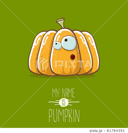 vector funny cartoon cute orange smiling pumkin isolated on green background. My name is pumkin vector concept illustration. vegetable funky halloween or thanksgiving day character vector funny cartoon cute orange smiling pumkin isolated on green background. My name is pumkin vector concept illustration. vegetable funky halloween or thanksgiving day character 81764391