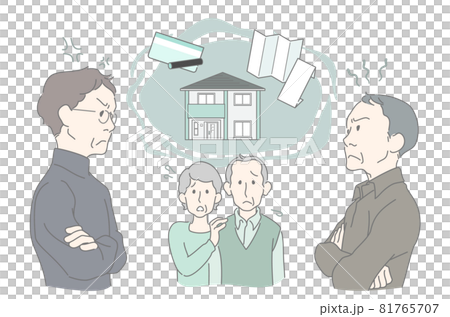 遺産相続、相続争い、財産分与で対立する兄弟を心配そうに見守る両親 81765707