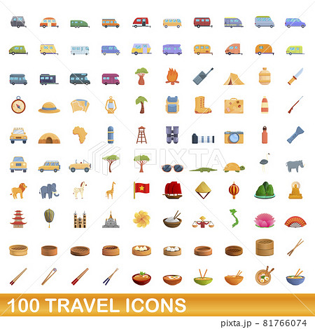 100 travel icons set, cartoon style 81766074