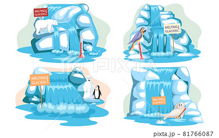 Set of illustrations about impact of global warming on animals. Melting glaciers and climate change 81766087