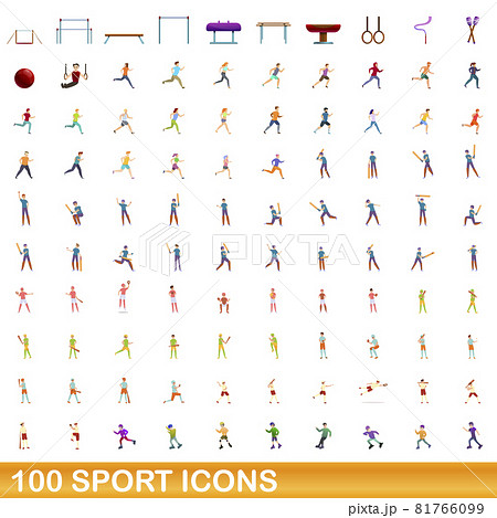 100 sport icons set, cartoon style 81766099